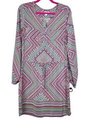 Charlie Jade Dress Womens Medium Blue Multicolor Long Sleeve V Neck Geometric