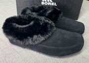 Women’s Go Coffee Run Slippers Black Suede Leather Fur Slip On Shoes Nwt