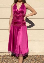 Vintage Magenta Satin Ruched Halter Drop-Waist Midi Dress