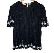 Laurence Kazar Silk Top Beaded Sequin Short Sleeve Blouse Black Vtg, size Large