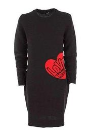 Love Moschino Chic Heart Pattern Black Long Sleeve Knit Dress Sz IT42 / M US NEW