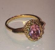 Size 7 Vintage Gold Tone & Pink CZ Rhinestone Dainty Ring