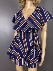 Do+Be Romper Womens Small Navy Orange Stripes Ruffle Shorts One Piece Party