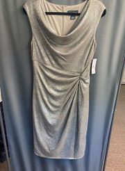Jessica Howard Dress Womens 10 Silver Foil-Knit Cowl Neck Side Ruched B63