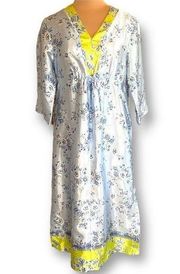 Oscar de la Renta Pink Label Housedress Robe Reflective Blue Chartreuse Floral