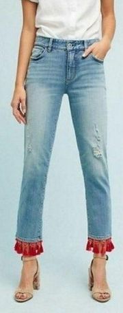 Anthropologie Pilcro Red Beaded Tassel Hem Slim Boyfriend Jeans Size 25