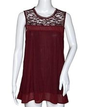 Doe & Rae Sleeveless Blouse Burgundy Red Sleeveless Lace Yoke Flowy