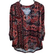 Carolyn Taylor Blouse Top Zipper Neck 3/4 Sleeve Pocket Printed Black Red XL