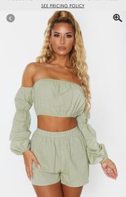 Prettylittlething Green Linen Look Bardot Puff Sleeve Beach Top & Shorts Size 10