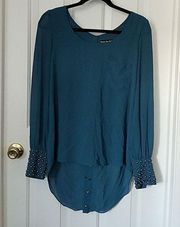 DOUBLE Zero Dark Teal Long Sleeve Rear Snap Blouse Size Medium