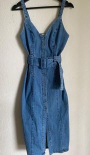 New Finders Keepers Coco Belted Midi Denim Dress in Washed Blue Size XS