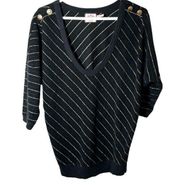 JUICY COUTURE Women's Black V Neck 3/4 Dolman Sleeve Gold Stripe Pullover Sz M