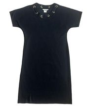 Exclusively Misook Black Shift Dress Laced Grommet Trim Short Sleeve Size Medium