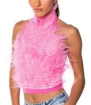 genuine ostrich feather sleeveless cropped halter   Top blouse pink XL