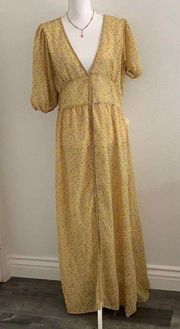 Vintage Floral Print 3/4 Sleeve Sheer Overlay Maxi Dress Beige 