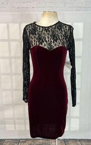 Bisou Bisou Women's Long Black Lace Long Sleeves Red Velvet Bodycon Dress 4 NWT