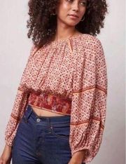 PATRONS OF PEACE Irving Adobe Tile Print Cropped Smocked Top Boho Peasant Small