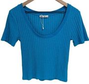 ZARA  Electric Blue Ribbed Knit Scoop Neck T Shirt Size Medium New NWOT