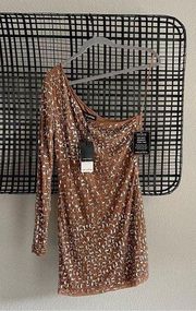 Retrofete one sleeve rhinestone jewel nude dress