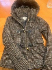 Celebrity Pink Grey Plaid Coat, Toggle Buttons, Hood, size XS