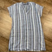 Lands End Dress Women 14 Blue White 100% Linen V Neck Striped Sleeveless Pockets