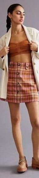 Maeve Anthropologie Pink Brown Plaid Button Front Preppy Mini Skirt Size 8