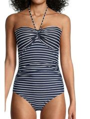 TOMMY HILFIGER Navy Blue Striped Nautical Bandeau One Piece Swimsuit 12 NEW