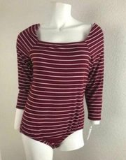 NY Collection Burgundy Red Striped Bodysuit Square Neck Medium Ribbed