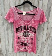 Daytrip Buckle Pink Y2K Embellished Tshirt VNeck Revolution Spirit Stonewash