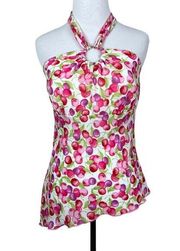 Y2K Cherry Halter Top Women Small Pink Multicolor Novelty Print Sheer Asymmetric