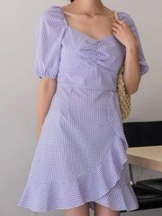 SheIn Dazy  Purple Gingham Plaid Print Ruched Ruffle Wrap Dress Small