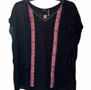 THML Gauzy Black Gold Thread Short Sleeve Top Women Sz M Pink Embroidered Stripe