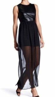 Soprano Faux Leather and Chiffon Maxi Dress XS