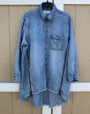 One Teaspoon Distressed Denim Jean Oversized Button Zip Shirt Tunic Size Small