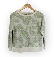 Loft  White and Green Paisley Drop Shoulder Long Sleeve Knit Sweater XS