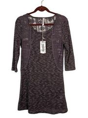 Monoreno Womens Charcoal Gray Trim Sheer Scoop Neck Long Sleeve Dress Medium NWT