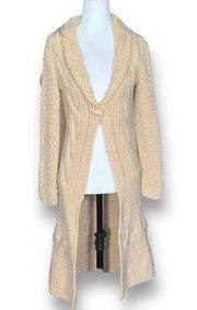 Bebe Cardigan Sweater Tan Longline Open Weave Shawl Collar Horn Button Knit