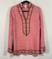 Vintage Bloomingdales Women's Red Linen Bead Embellished Tunic Top Size L