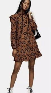 Topshop Ustard Ruffle Yoke Long Sleeve Floral Brown Mini Shift Dress Women’s 4