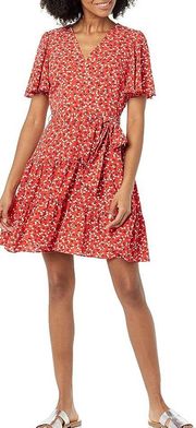 NWT  Red Floral Short Sleeve Flutter Wrap Dress Size 10