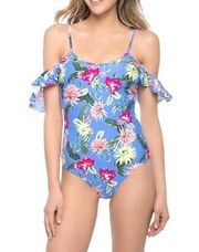 Tori Praver Seafoam Womens Floral Print Off Shoulder One Piece Swimsuit Size M