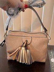 Sondra Roberts Beige tasseled crossbody New