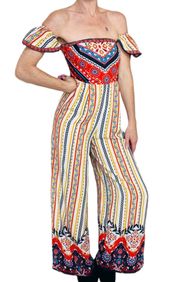 Yellow & Red Mexican Floral Off-The-Shoulder Cut-Out Jumpsuit