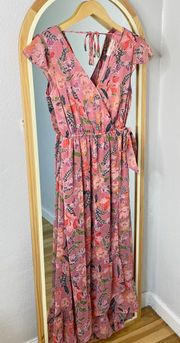 pink floral chiffon faux wrap maxi dress