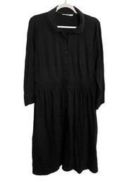 eShakti Collared Button Front Shirt Dress Long Sleeve Black Midi Size Large