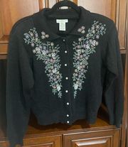 Vintage Yarnworks Black Beaded Collared Cardigan with Pearl