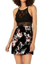 INC Sleep Dress Black Lace Trim Printed Velvet Lace Floral Chemise Large