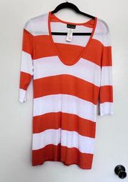 Tommy Bahama Orange White Striped Tunic Scoop Neck Top, Size Medium