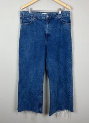 MNG Denim Jeans Womens 14 Blue High Rise Wide Leg Baggy Frayed Hem Cotton Denim