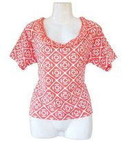 Petite Geometric Frill Coral White Short Sleeve Blouse Plus Size XLP